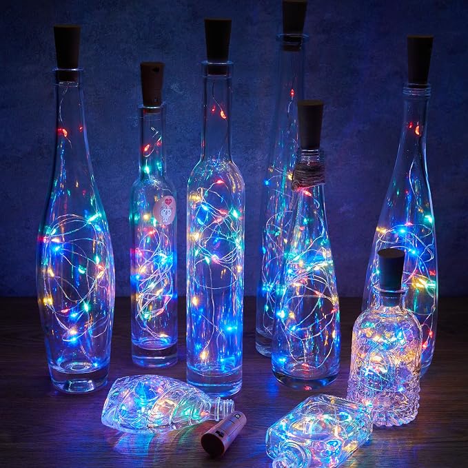 Brightown 10 Pack Wine Bottle Lights with Cork, Multicolor | 20 LED on 7ft Silver Wire, Waterproof, Battery Operated, Great for Liquor Bottles DIY Party Christmas Wedding Décor