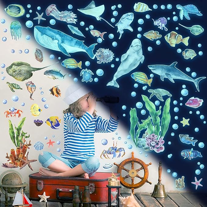 Glow in The Dark Wall Decals, Under The Sea Wall Sticker Decals Decor | Watercolor Creatures Decor Sea Life Animals Waterproof Stick Wall Decal for Kids Boys Bedroom