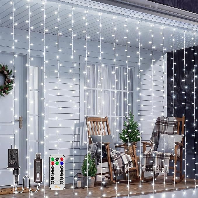 Ollny Curtain Lights 600 LED 19.7x9.8ft, Outdoor Waterproof String Lights for Backdrop, Fairy Light with Remote Timer 8 Modes, Plug in Christmas Light for Wall Wedding Patio Gazebo, Cool White