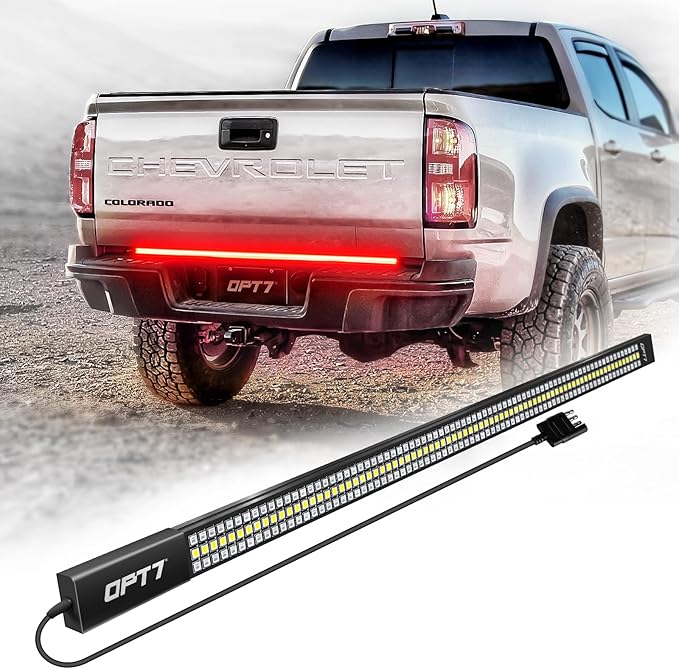 OPT7 Redline 48" Aluminum Truck Tailgate Light Bar w/Sequential Red Turn - Weatherproof Rigid 1-Piece Triple Row LED Strip - Dynamic Taillight w/White Reverse - Fits Tacoma, Colorado, Frontier, Canyon