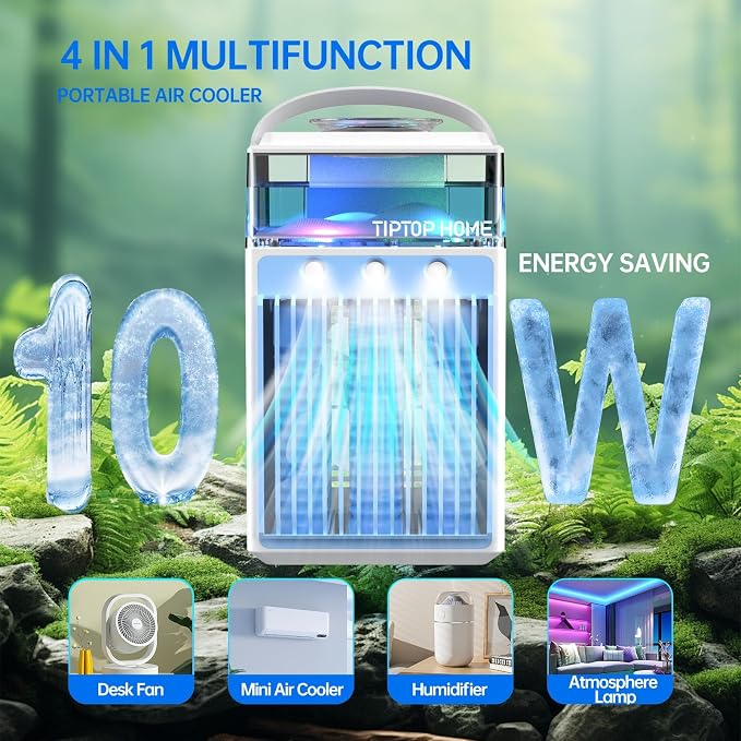 Portable Air Conditioners: 5 in 1 Mini AC Fan with 800ML Water Tank App Control Evaporative USB Powered Rechargeable Personal Cooling for Bedroom Night Light Office Desk Camping Tent Car