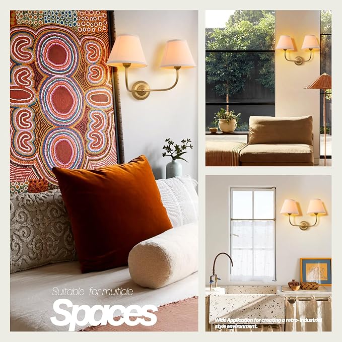 Vintage 2-Lights Fabric Sconces Wall Lighting with 8.66" Diam Linen Cloth Shade, Double Arm Wall Lamp Fixture for Living Room Bathroom Bedroom Hallway
