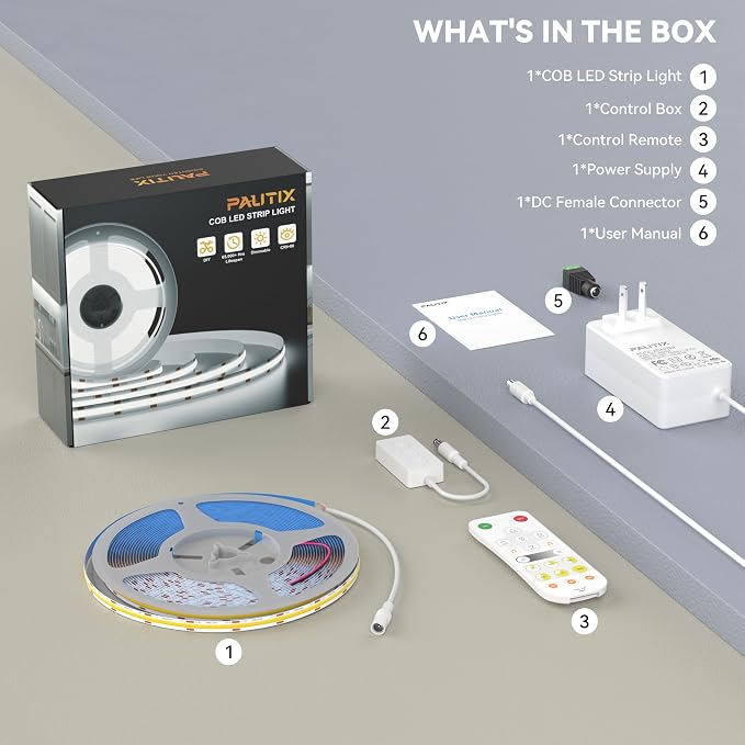 PAUTIX COB LED Strip,Dimmable Vanity Lights,Daylight White 6000K Super Brighten LED Tape Lights,CRI93+ High Lumen,Compatible with Alexa/Google Assistant,for Home, Kitchen,Under Cabinet