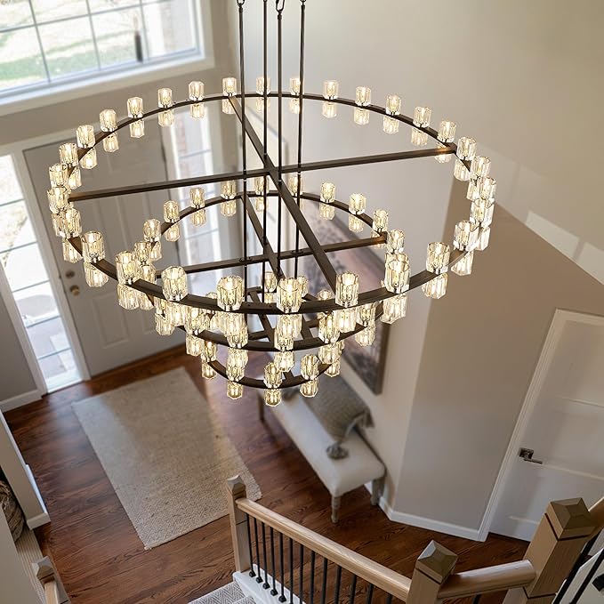 3 Tier Black Large Wagon Wheel Chandelier, 124-Lights Farmhouse Pendant Light Fixture, Rustic Round Chandelier for Foyer Entryway Living Room (Dia 59"+40"+24")
