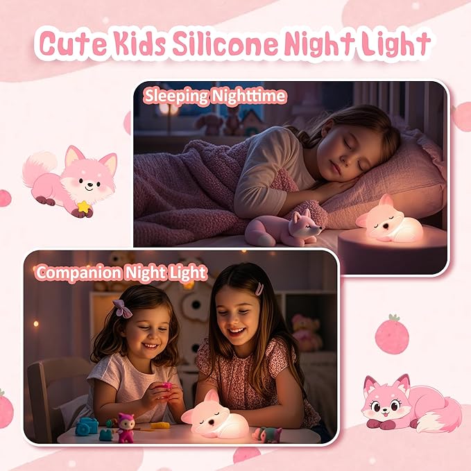 Fox Night Light, Cute Fox Silicone Night Light Gifts for Girls 8-12, Fox Lamp for Kids Child Baby Women Nursery, Animal Light with Touch Control, Timer and USB Rechargeable