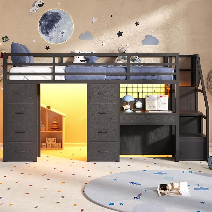 Twin Loft Bed with Desk, 12 Drawers, RGB Lights & Wide Step Stairs, Black | Built-in Power Outlet, Clothes Rack, Pockets, Display Grid, Under Bed Play Fort, 11.8''H Safety Guardrail & Ladder