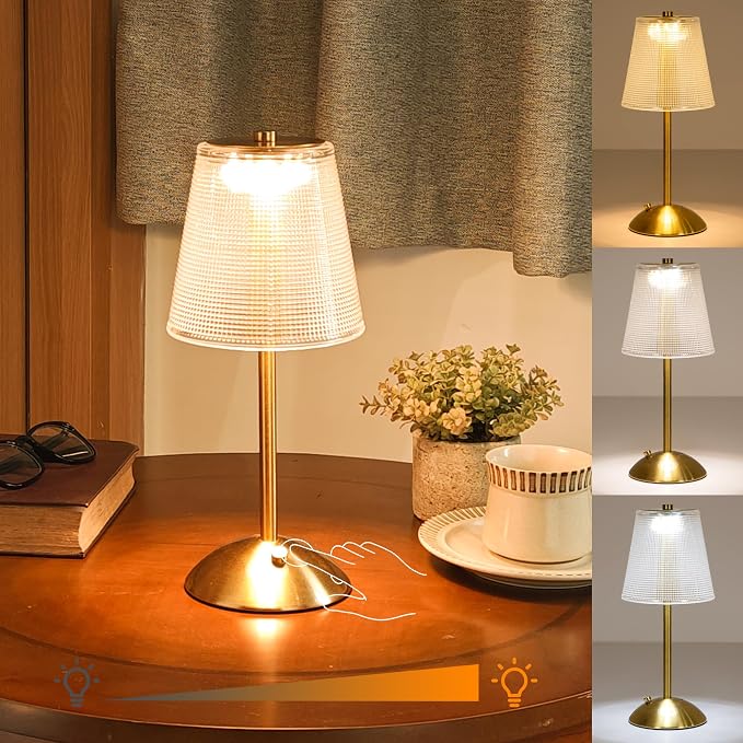 Cordless Table Lamp, 4000mAh Rechargeable Battery Operated Lamp, 3 Color Modes & Stepless Dimmable LED Touch Lamp, Portable Crystal Metal Beside Lamps for Bedroom Restaurant Outdoor(Black) | 2000mAh Battery Operated, 3 Color Modes, Dimmable LED Touch B...