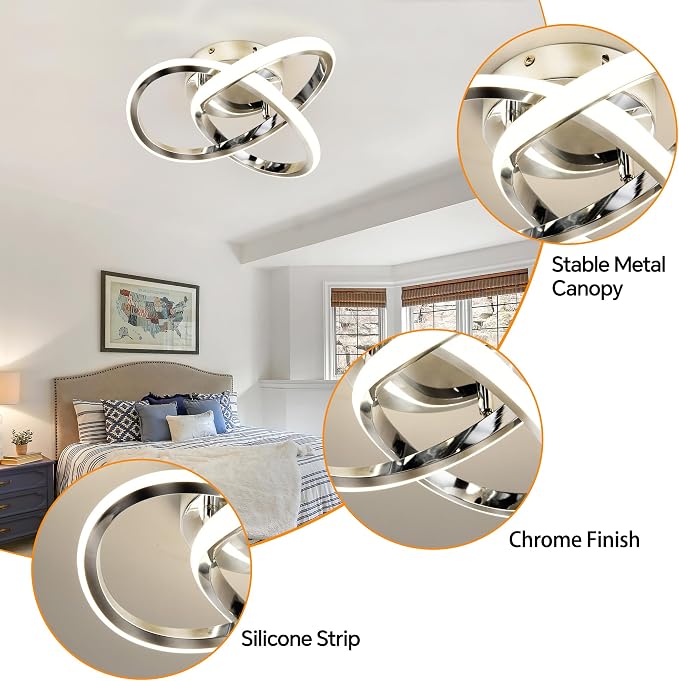 10 Inch Modern Ceiling Light, 24W LED Dimmable Ceiling Light with Remote Control, 3000-6000K Color Temperature Adjustable, Chrome Small Chandelier for Bedroom, Entryway, Hallway, Kitchen