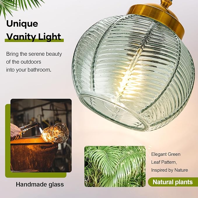 Bathroom Light Fixtures, 3-Light Green Vanity Lights with Unique Leaf Texture Glass Shade, Modern Matte Black and Gold Bathroom Wall Lamp for Mirror Hallway Cabinet Living Room