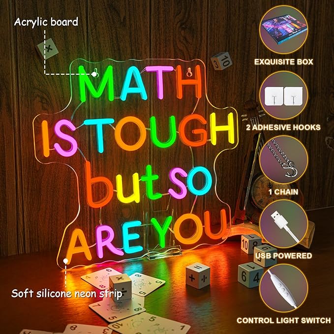 Classroom LED Sign Math Is Tough But So Are You Neon Sign for Wall Decor Math Lights Up Sign for Classroom Library Bedroom Reading Neon Signs LED Gifts for Art Teachers Teens
