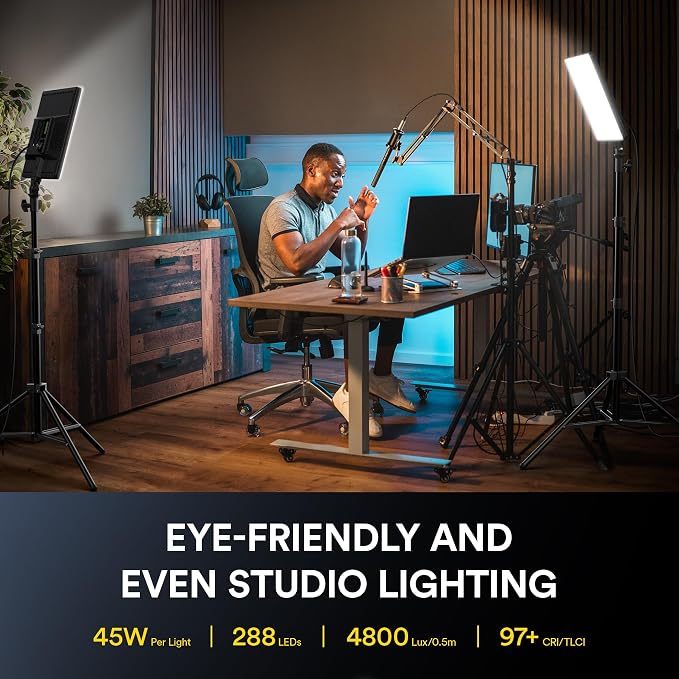 2-Pack 18" 45W LED Video Light Panel Kit with 78" Stand & Remote | Cri 97+ Bi-Color 2500k-6500k Studio Lights, For Video Recording, Tiktok, Youtube Streaming & Studio Photography
