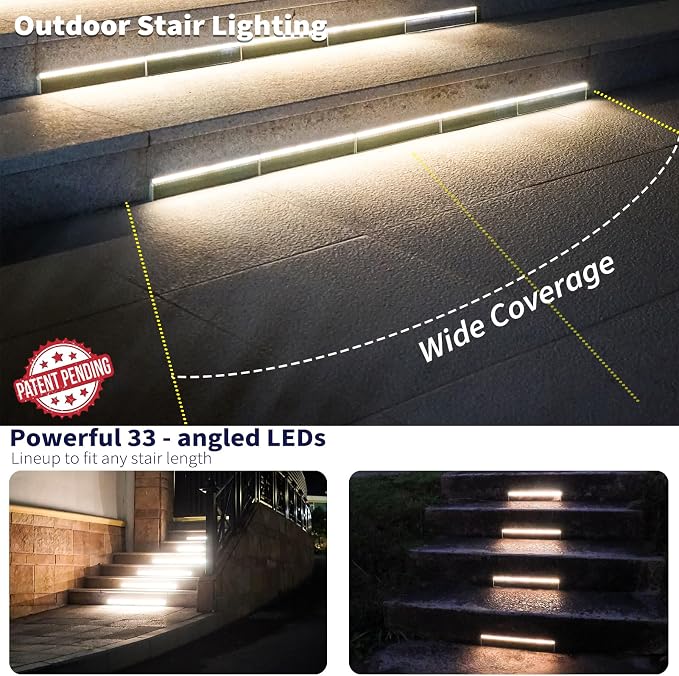 Solar Step Lights Outside, 33 Focused LEDs, Stair Light, 1PK | Downward Lighting, High Brightness, Modular, Waterproof Aluminum, Risers, Deck, Curbsides, Planter Edges, Warm White, 3000K