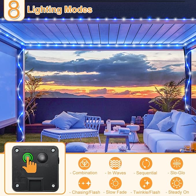 33FT 135 LED Solar Rope Lights Outdoor Waterproof, Blue and White Solar String Lights for Outside 8 Modes, Solar Powered Fairy Light for Camping Patio Garden Fence Trampoline Holiday Decorations