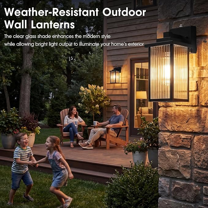 2Pack 15-Inch Dusk to Dawn Outdoor Wall Light, Black All-Metal Frame | Auto On at Dusk, Off at Dawn. Textured Glass. Waterproof Rust-Resistant Metal. Pre-Assembled DIY Install