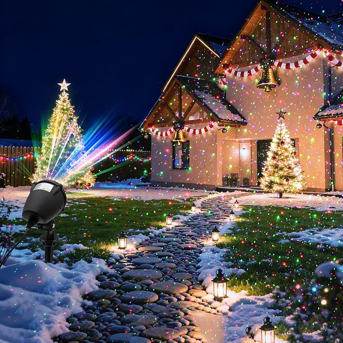 Outdoor Christmas Projector Lights, Outdoor Garden Lights, Featuring Red, Green, and Blue Stars Accents, IP65 Waterproof. Ideal for Holiday Celebrations, Parties, and Garden Decorations.