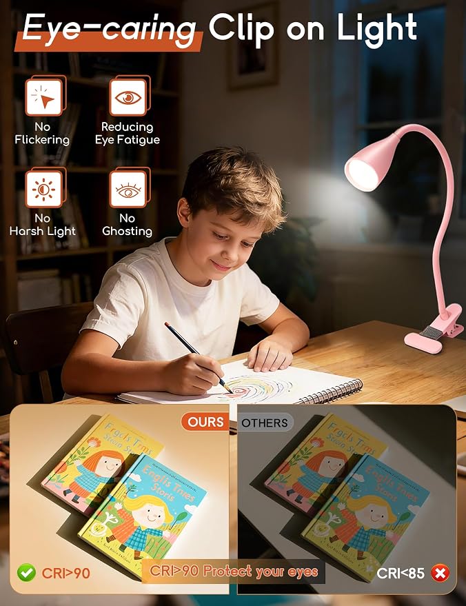 Reading Light for Book in Bed,Clip on Light Reading Lamp with Adapter Pink | 5 Color Modes 10 Brightness, Flexible Eye-Caring Clip on Desk Lamp Book Light for Reading in Bed Headboard Bedside Bedroom