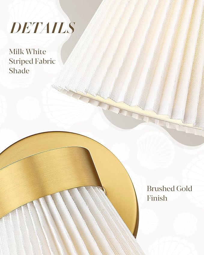 Set of 2 Wall Sconces, HWH Gold Bathroom Light Fixtures with Milk White Striped Fabric Shade, Up and Down Vanity Lights Fixture, Brushed Gold Finish, 5HZG97B-2PK BG-FB