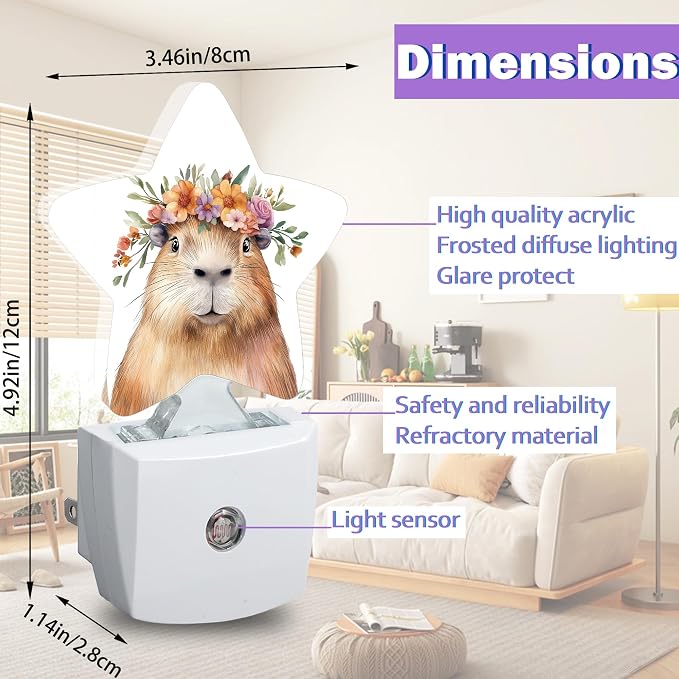 Cute Capybara Night Lights Plug Into Wall,Spring Flower Animal Dusk to Dawn Light Sensor Night Light for Kids, Energy Efficient Sleep Friendly Lamp for Bedroom Bathroom Nursery