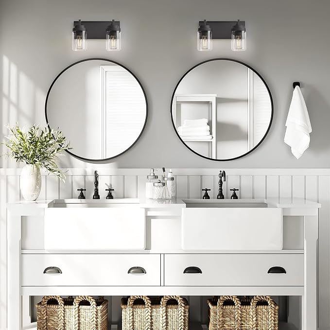 Bathroom Vanity Fixtures, 2 Light Matte Black Vanity Light with Clear Glass Shade, 15in Farmhouse wall Light, Lighting Fixture Over Mirror for Bathroom