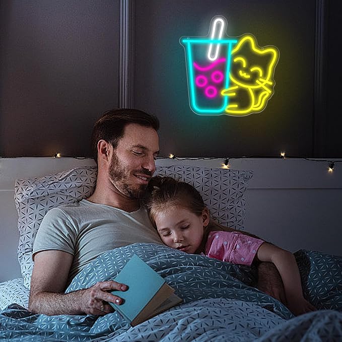 Cat Boba Tea Neon Sign for Wall Decor Bubble Tea Neon Light Dessert Shop | Dimmable LED Neon,Birthday Milk Shake Gifts,Led 5V USB Powered,Man Cave,Summer Party Decor,Business Bar,Pub Art,14.5*10in