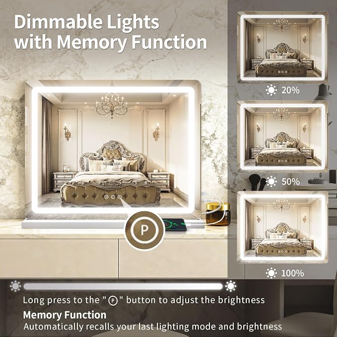 ROLOVE 23"x 18" Large Vanity Mirror with Lights, LED Makeup Mirror for Dresser and Desk, 10X Magnification, Dimmable Touch Control, Wall Mounted or Tabletop Mirror for Bedroom (White)