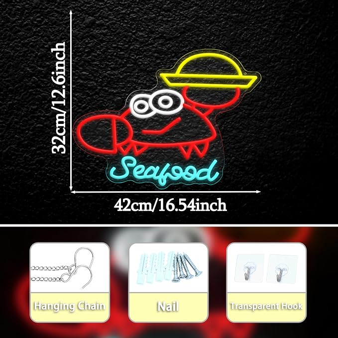 Seafood Neon Sign Dimmable Crab Neon Light Marine Animals Light Sign for Seafood Restaurant Aquarium Kitchen Outdoor Food Party(12.6 * 16.54In)