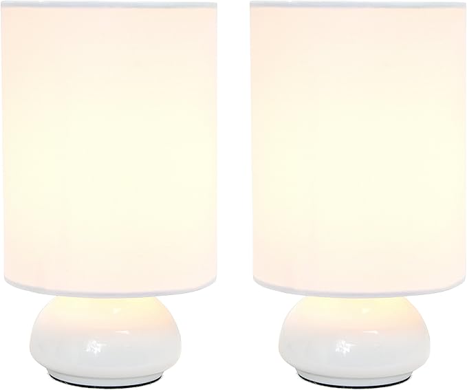 Simple Designs LT2043-WHT-2PK 9" Gemini 2 Pk Contemporary 4 Settings Touch Metal Mini Round Table Lamp Set w Fabric Shades for Décor,Nightstand,End Table,Bedroom,Living Room,Office,Foyer, WHT