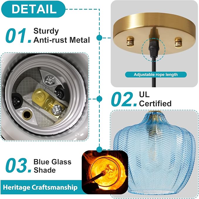 Blue Glass Pendant Lights Kitchen Island Gold Hanging Ceiling Light 9.45" | 1 Pack, Adjustable height, Dimmable, E26 bulbs, Rust-resistant Damp Rated For Bathrooms, 5-Year Warranty, UL Certification