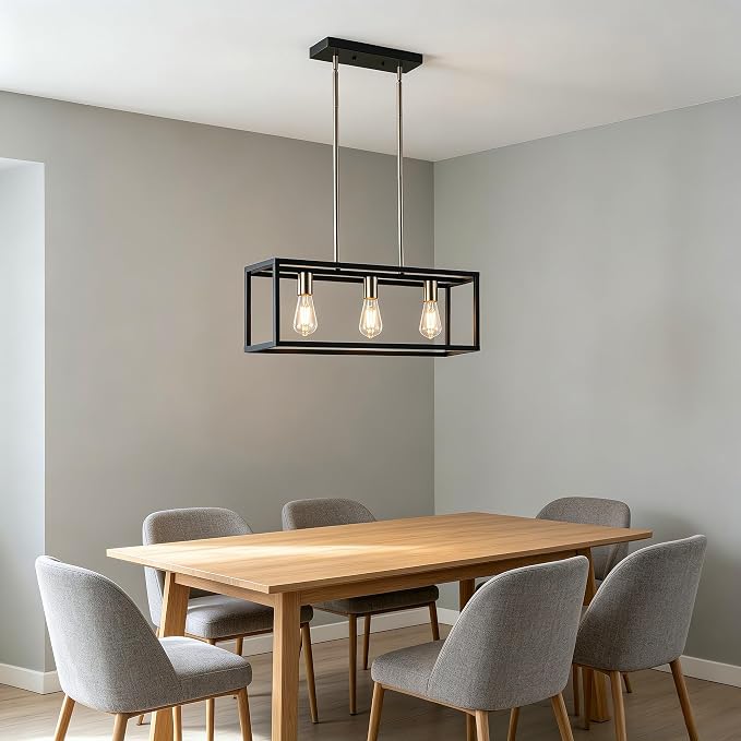 Farmhouse Kitchen Island Lighting, Modern Industrial Chandelier, 3-Light Black&Brushed Nickel Linear Rectangular Pendant Light Fixtures for Farmhouse Kitchen Dining Room Bar Foyer