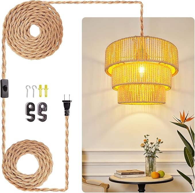 Hanging Light Ceiling Lamp Pendant Lights Rattan Hanging Lamp with Plug in Cord for Living Room Bedroom Kitchen Indoor Hanging Lamp Plug in Woven Lampshade