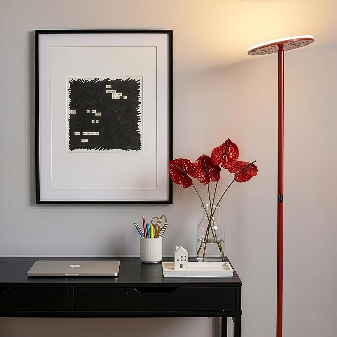 Brightech Sky LED Floor lamp, Torchiere Super Bright Floor Lamp for Living Room Decor & Office - Dimmable, Tall Standing Lamp with Warm Light for Bedroom & Reading - Red