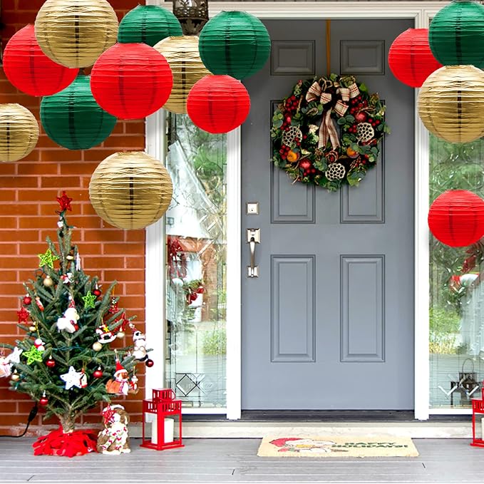 21-Pack Green Red Gold Hanging Paper Lanterns Decorative | 4/6/8/10 inches Round Lantern for Christmas, Italian Party, Mexico Party, Graduation, Anniversary, Birthday Decorations