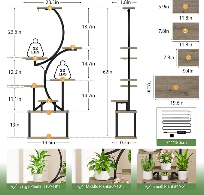 BACEKOLL Plant Stand Indoor with Grow Light, 8 Tier Corner Plant Shelf Tall | 62" Lighted Flower Holder for Plant Multiple, Space-Saving Beautiful Display Growing Rack for Home Patio, Sturdy Metal, Grey