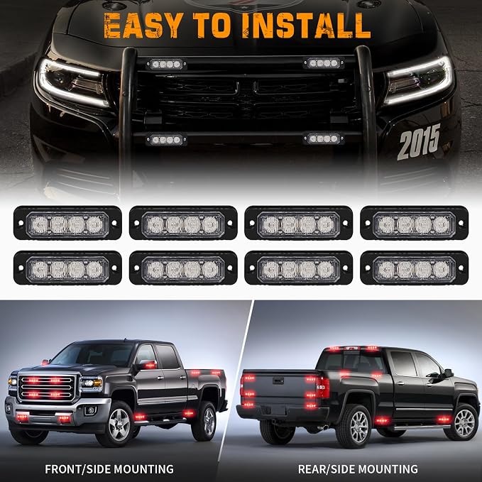 8 Pack Sync Red Grill Emergency Lights 32 LED Strobe Lights | Grille Surface Mount Light Flashing Warning Safety Hazard for Vehicles Trucks Car, ATV, UTV, Motorcycle