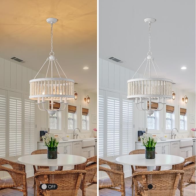 Drum Pendant Chandelier, Boho Wood Beaded Distressed Farmhouse Chandeliers for Entryway Dining Room, Vintage Handmade Chandelier Retro Antique White Lighting fixtures Hanging 5-Light W19.7