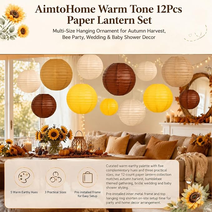 Paper Lanterns Set (12 Pcs) - 6/8/10 Inch Coffee, Yellow, Khaki, Lemon Yellow & Off-White Round Hanging Lanterns for Birthday, Bee Baby Shower, Capybara & Brown Bear Party Decor