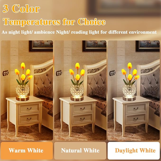 Birthday Gifts for Women Mothers Day Gifts/for Mom Tulip Table Lamp | 3 Color Crystal Flower Bedside Lamps Infinitely Dimming with USB Charge Small Night Light,Night stand Touch Lamp(gold-tulip)