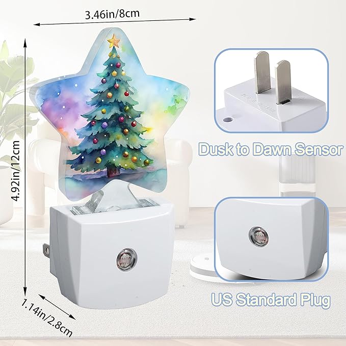 Night Light,Christmas Tree Plug into Wall with Dusk to Dawn Light Sensors,Green Watercolor Warm Star Nightlights for Bedroom,Bathroom,Hallway,Kitchen Home Decor Desk Lamp