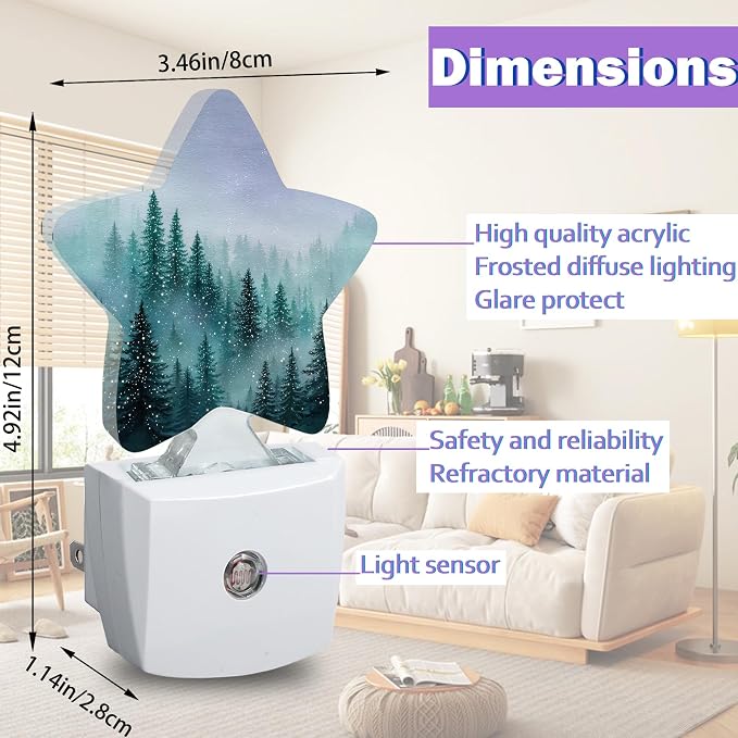 Energy Efficient Nightlights Plug in Wall, Foggy Forest Night Light for Kids Bedroom Decorative, Watercolor Trees Dusk-to-Dawn Sensor Sleep Friendly Lamp for Nursery Bathroom Basement
