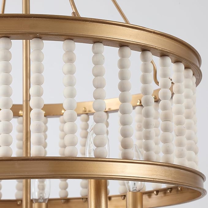 Farmhouse Chandeliers for Entryway Dining Room 5-Light Drum Pendant Chandelier Boho Wood Beaded Vintage Handmade Distressed Chandelier Retro Antique Gold Lighting Fixtures Hanging W19.7