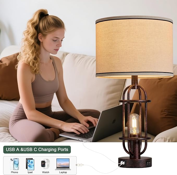 Reaketon 22.3" Table Lamps for Living Room Set of 2, Farmhouse Lamps for Nightstand, Vintage Table Lamps for Bedroom with USB Ports, Bulbs Included