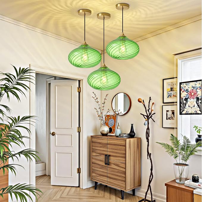 11in Gold Pendant Lights Kitchen Island with Green Glass Shade 1Pack | Handcrafted Glass Pendant Light Fixtures, UL Certified, E26 Base 100W Max, Height-Adjustable, Dimmable Hanging Pendant Light