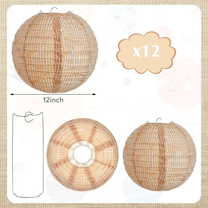 12 Pcs Print Burlap Paper Lanterns Round Chinese Paper Lanterns Farmhouse Boho Classroom Home Decor Classroom Sweet Birthday Party Ceremonial Event (12 Inch)