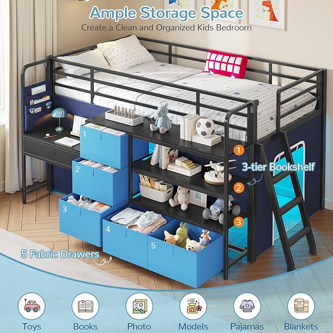 Low Loft Bed Twin Size with Desk, 6 Storage Drawers & Bookshelf, Kids Loft Bed with LED Lights & Under-Bed Play Space, Heavy Duty Metal Bed Frame with 13.8"H Safety Guardrail & Ladder, Blue and Black