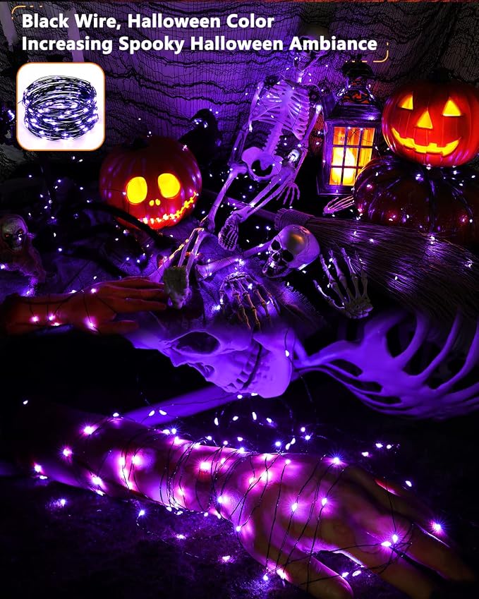 Brizled Solar Halloween Purple Fairy Lights, Outdoor Halloween String Light | 2 Pack Total 78FT 240 LED; 8 Modes; Waterproof Mni Twinkle Lights Black Wire for Outside Party Tree Fence Garden Decorations