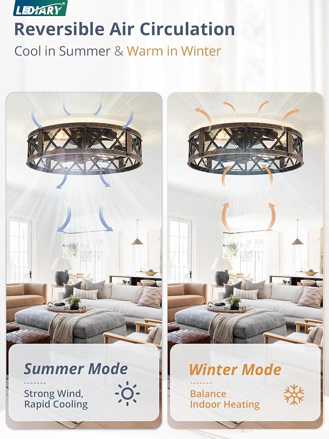 LEDIARY 20" Caged Farmhouse Ceiling Fan with Light, Flush Mount, Black Gold | Remote&APP Control, Small Low Profile, Rustic Fandaliers, Industrial Bladeless Enclosed, Powerful Motor for Bedroom, Kitchen