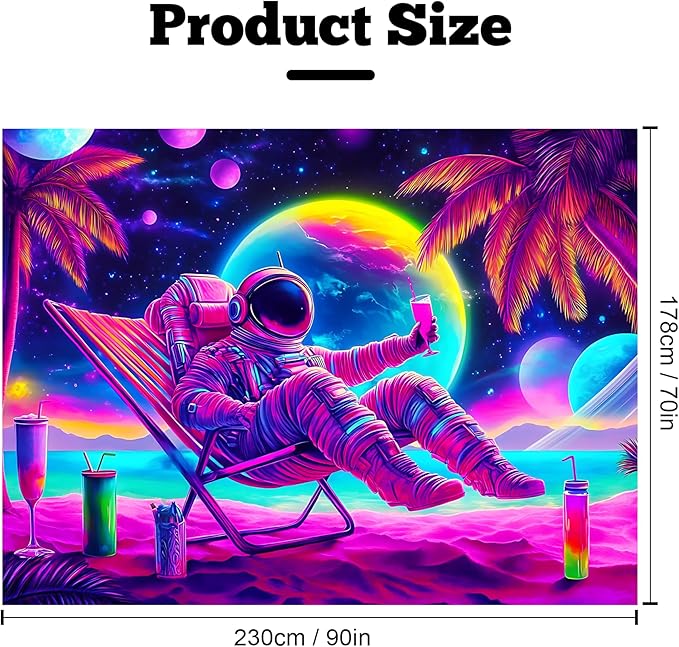 BVBOX Blacklight Space Astronaut Tapestry UV Reactive Galaxy Planet Glow in Dark Tapestries Black Light Poster Neon Wall Hanging Art for bedroom Living Room (Astronaut recliner-3M)