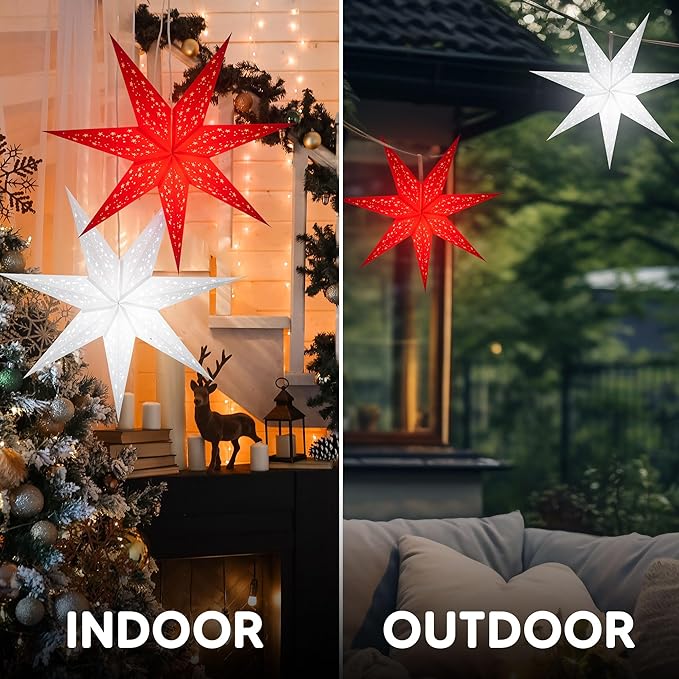 GalaxyArts 24-Inch Red Paper Star Lantern - 3D 7-Point Hanging Decoration for Christmas, Diwali, Party, Wedding - Handcrafted Foldable Lamp for Indoor & Outdoor Use - Boho Star Light (Medium)
