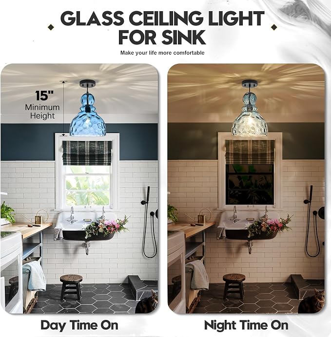 Coastal Pendant Light Blue Hammered Glass Kitchen Island Lights 10in Large Pendant Hanging Light for Dining Room Kitchen Sink Hallway Entrance, E26