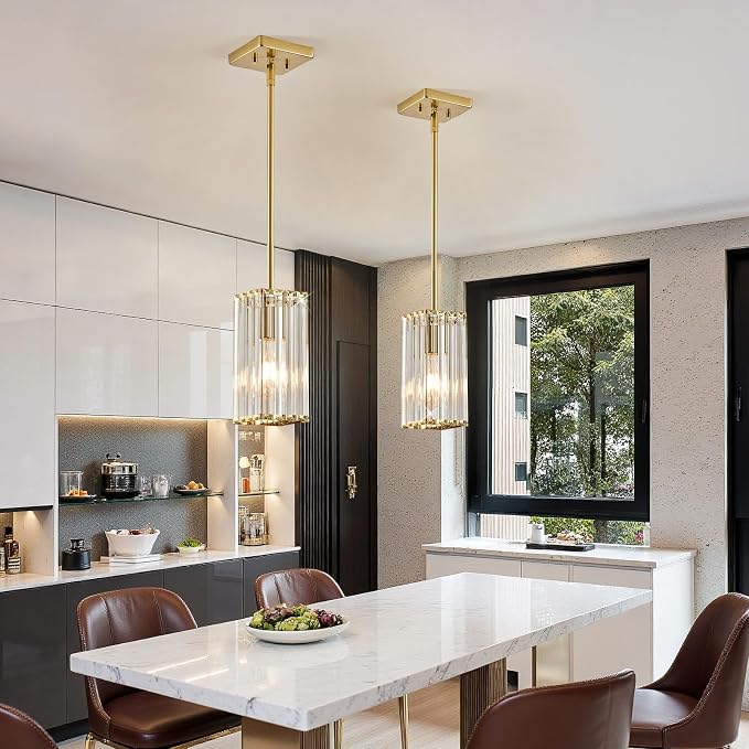 Modern Crystal Pendant Lights Kitchen Island, 1-Light Brushed Gold Hanging Light with Clear Crystal Shade, Adjustable Height Pendant Lighting for Kitchen Island Dining Room Bedroom Bar Entryway